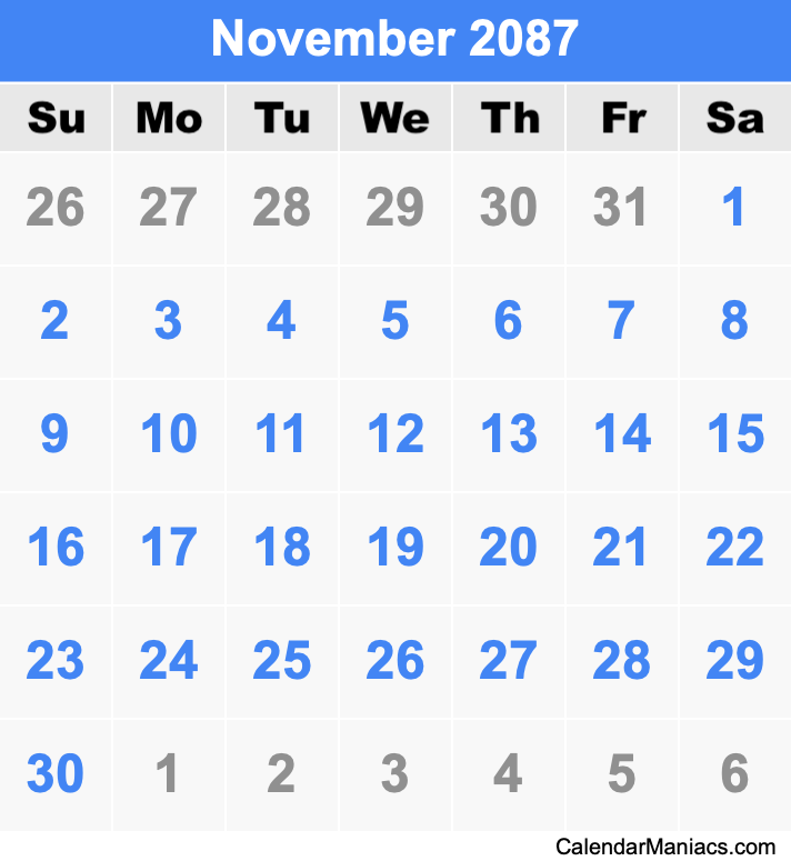 November 2087 Printable Calendar November 2087 Calendar