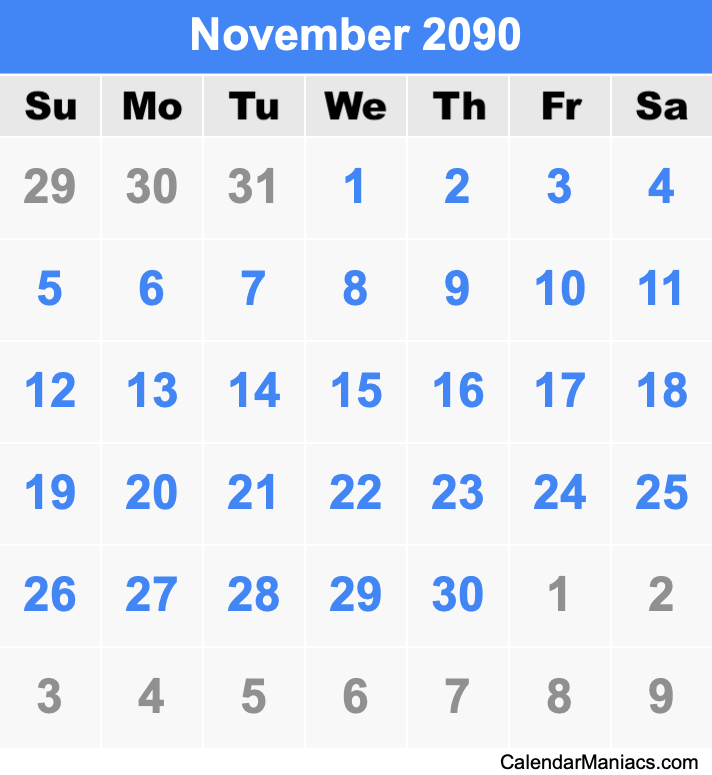 November 2090 Printable Calendar November 2090 Calendar