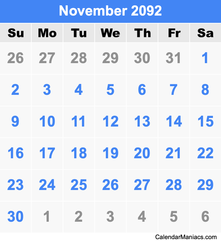 November 2092 Printable Calendar November 2092 Calendar