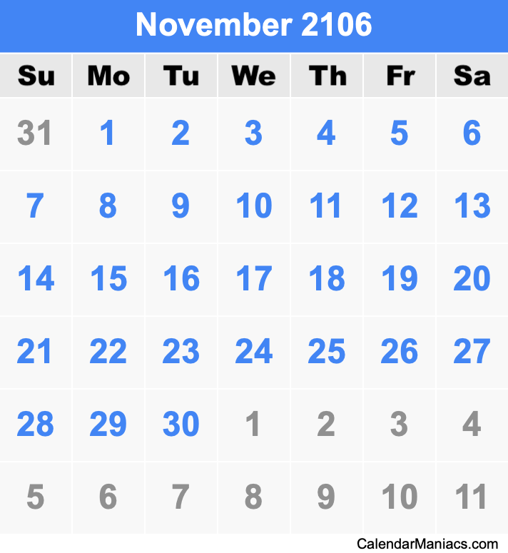 November 2106 Printable Calendar November 2106 Calendar