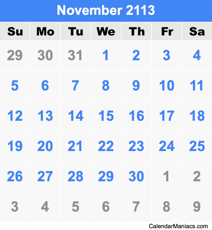 November 2113 Printable Calendar November 2113 Calendar