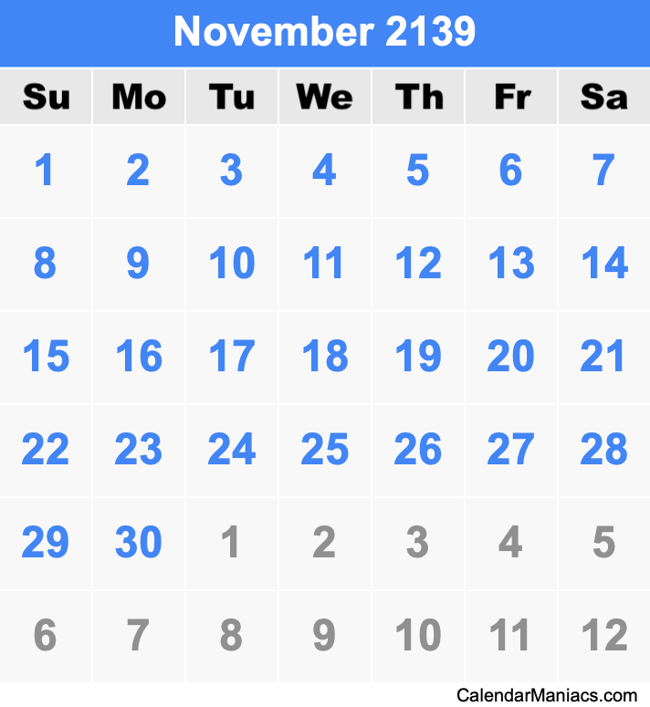 November 2139 Calendar