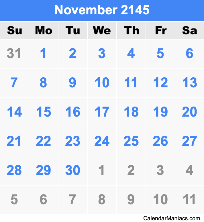 November 2145 Printable Calendar November 2145 Calendar