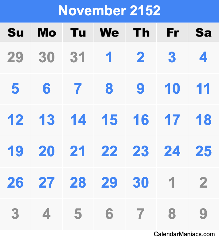November 2152 Printable Calendar November 2152 Calendar
