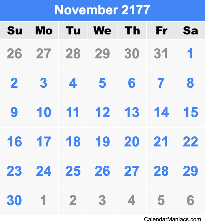 November 2177 Printable Calendar November 2177 Calendar