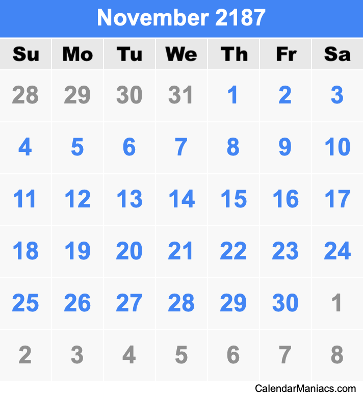 November 2187 Printable Calendar November 2187 Calendar