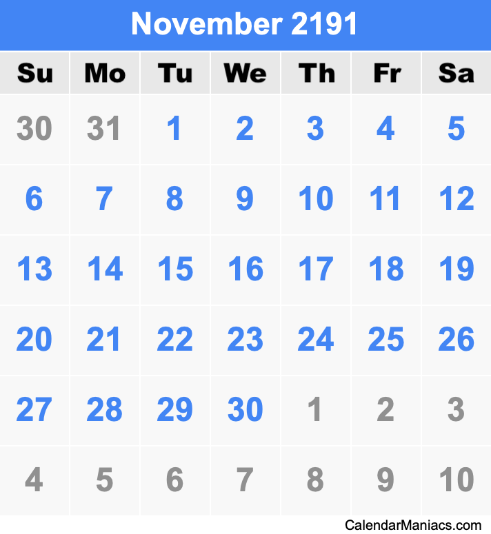 November 2191 Printable Calendar November 2191 Calendar