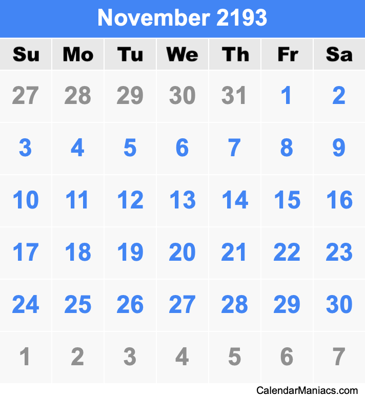 November 2193 Printable Calendar November 2193 Calendar