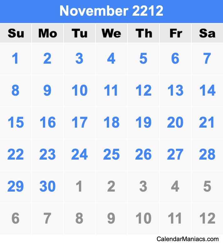 November 2212 Calendar