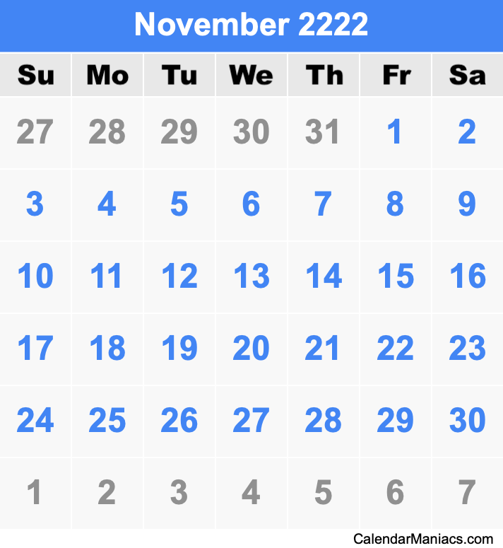 November 2222 Printable Calendar November 2222 Calendar