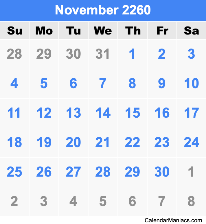 November 2260 Printable Calendar November 2260 Calendar
