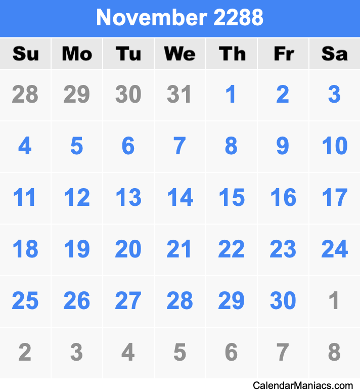 November 2288 Printable Calendar November 2288 Calendar