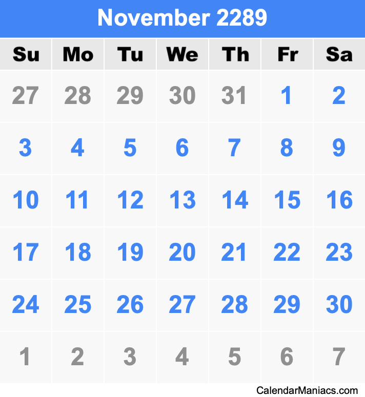 November 2289 Printable Calendar November 2289 Calendar