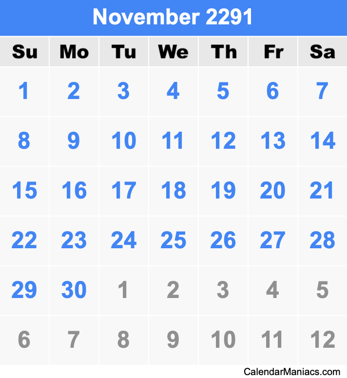 November 2291 Printable Calendar November 2291 Calendar