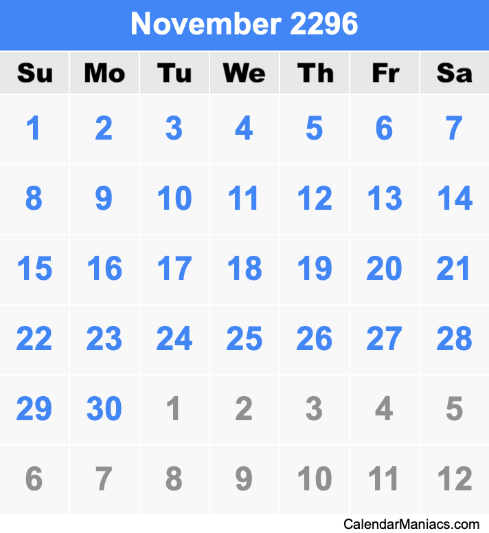November 2296 Printable Calendar November 2296 Calendar