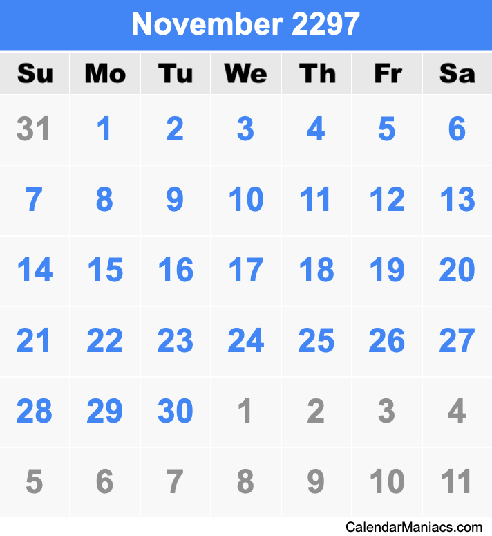 November 2297 Printable Calendar November 2297 Calendar