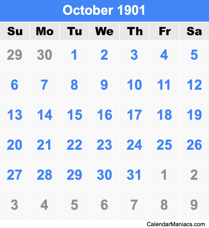October 1901 Printable Calendar October 1901 Calendar