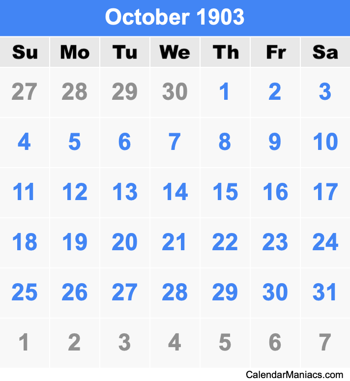 October 1903 Printable Calendar October 1903 Calendar