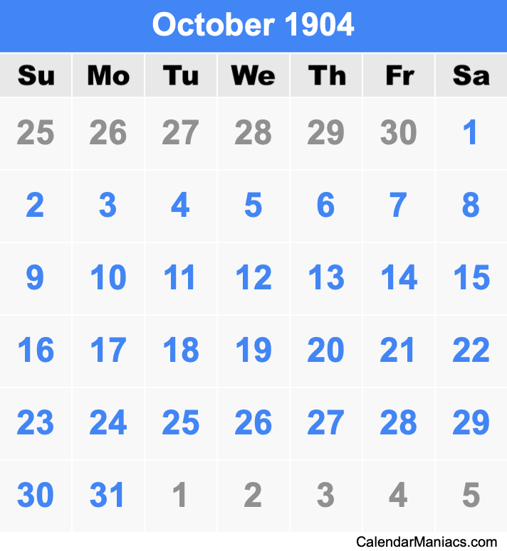 October 1904 Printable Calendar October 1904 Calendar