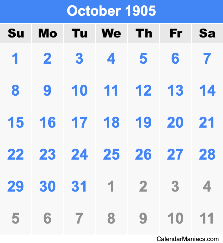 October 1905 Calendar