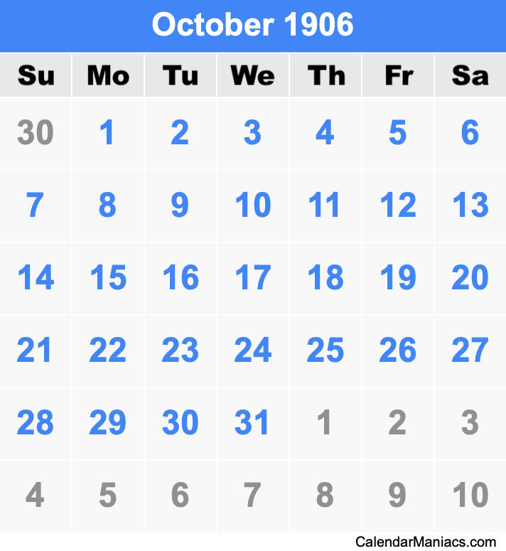 October 1906 Printable Calendar October 1906 Calendar
