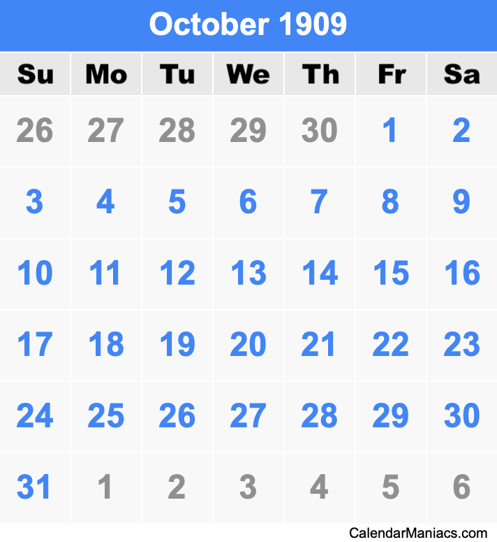 October 1909 Printable Calendar October 1909 Calendar