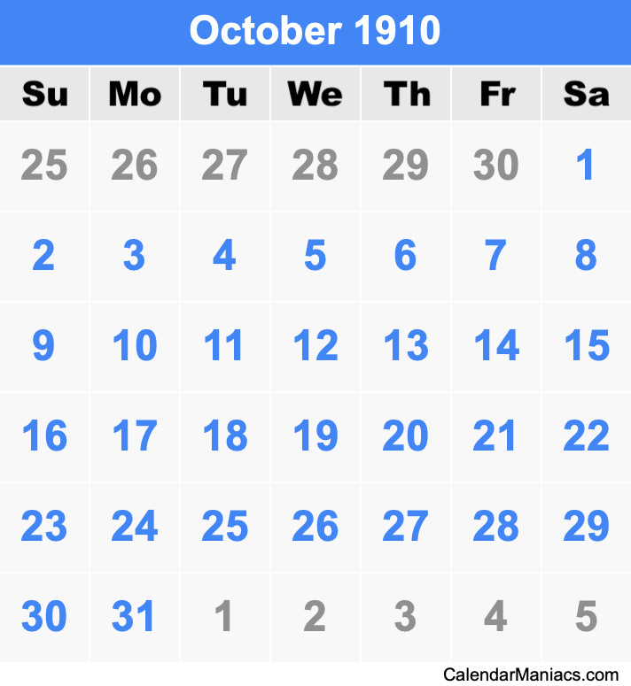 October 1910 Printable Calendar October 1910 Calendar
