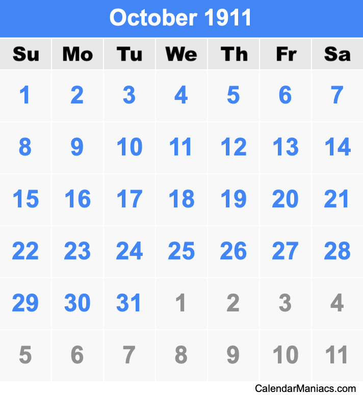 October 1911 Printable Calendar October 1911 Calendar