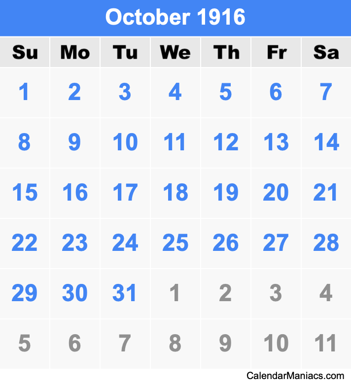 October 1916 Printable Calendar October 1916 Calendar