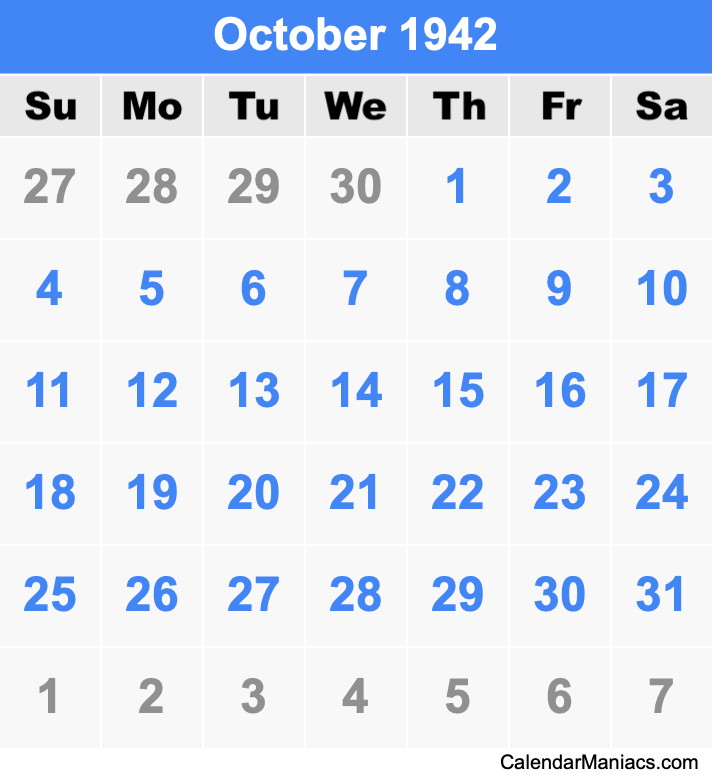 October 1942 Printable Calendar October 1942 Calendar