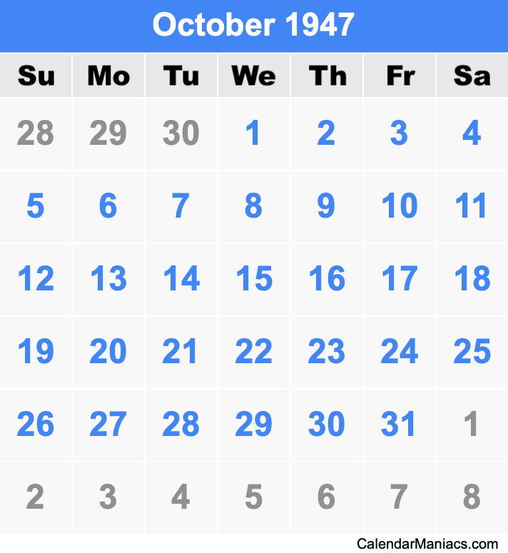 October 1947 Printable Calendar October 1947 Calendar