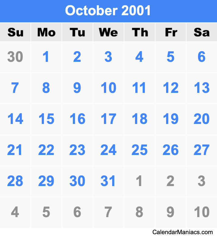 October 2001 Calendar