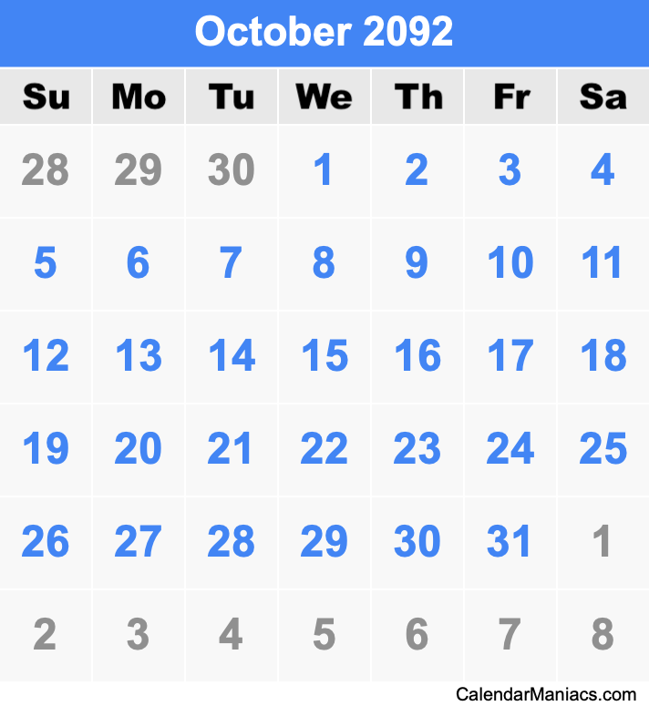 October 2092 Printable Calendar October 2092 Calendar