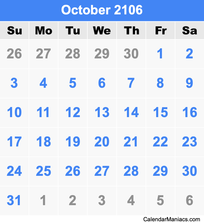 October 2106 Printable Calendar October 2106 Calendar