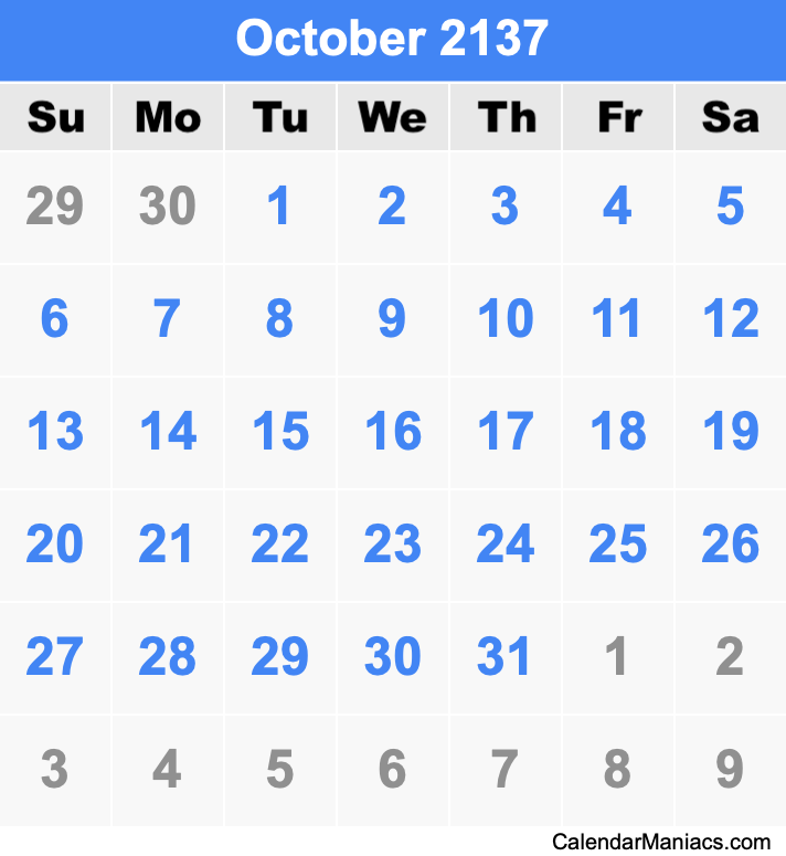 October 2137 Printable Calendar October 2137 Calendar