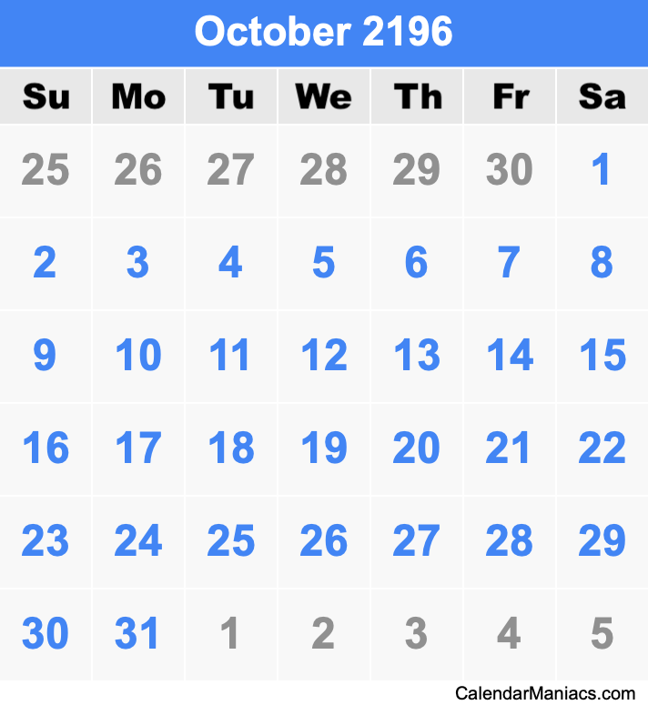 October 2196 Printable Calendar October 2196 Calendar