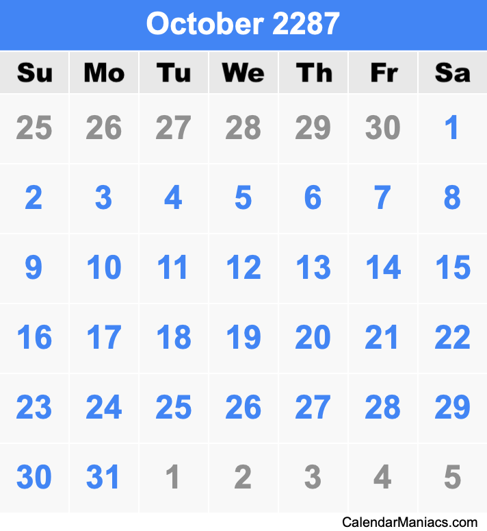 October 2287 Printable Calendar October 2287 Calendar