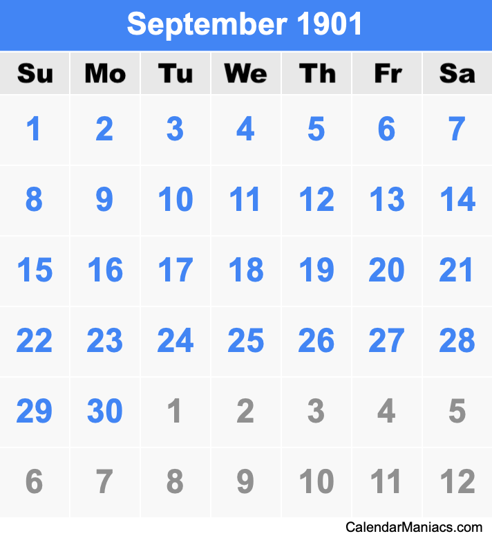 September 1901 Printable Calendar September 1901 Calendar
