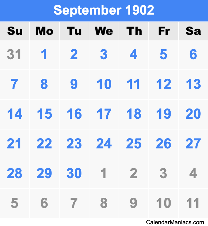 September 1902 Printable Calendar September 1902 Calendar