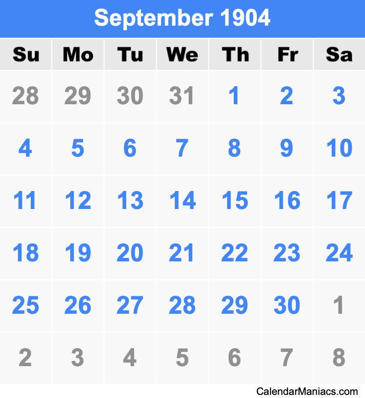 September 1904 Printable Calendar September 1904 Calendar