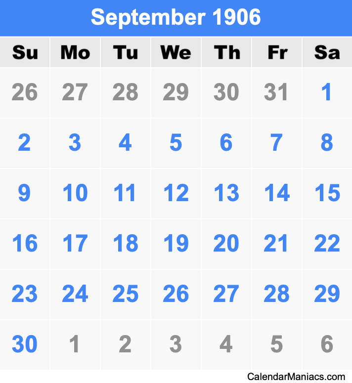 September 1906 Calendar