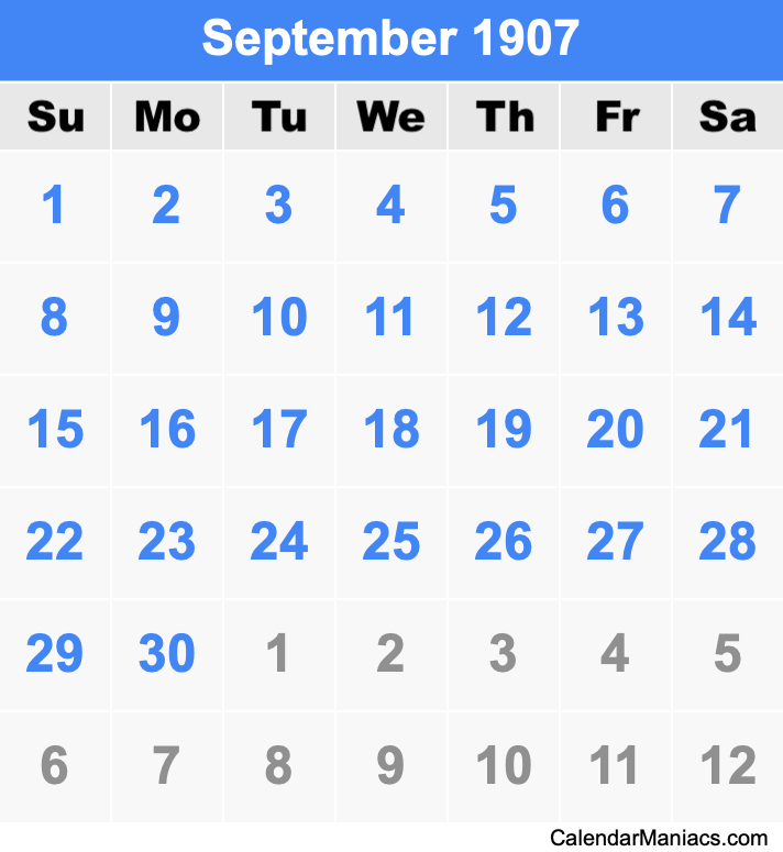 September 1907 Printable Calendar September 1907 Calendar