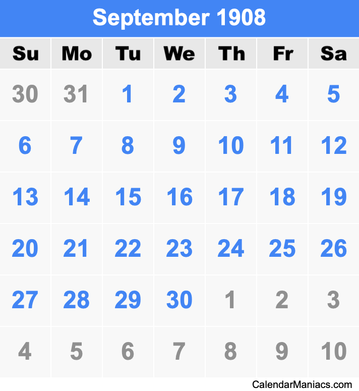 September 1908 Printable Calendar September 1908 Calendar