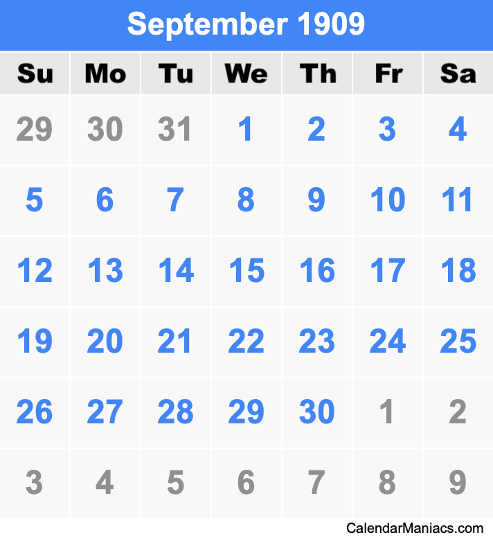 September 1909 Printable Calendar September 1909 Calendar