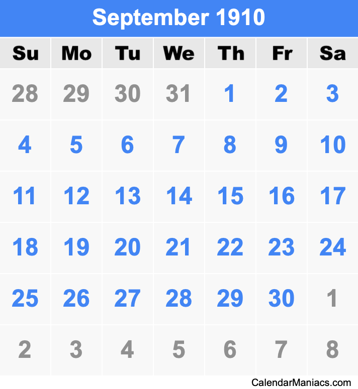 September 1910 Printable Calendar September 1910 Calendar