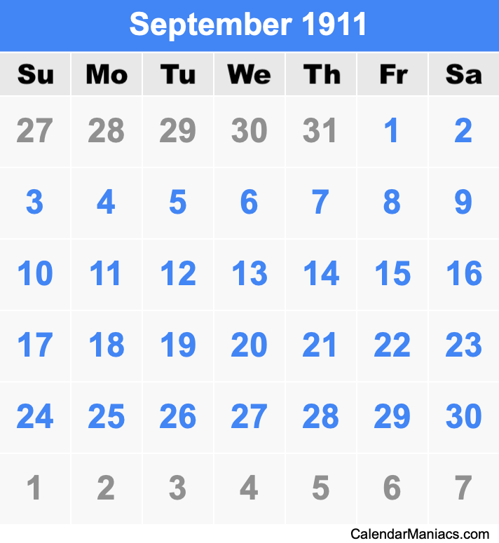 September 1911 Printable Calendar September 1911 Calendar