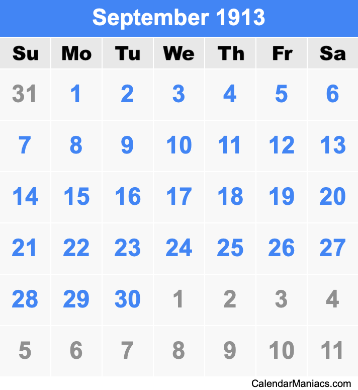 September 1913 Printable Calendar September 1913 Calendar