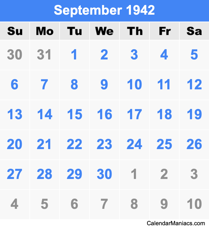 September 1942 Printable Calendar September 1942 Calendar