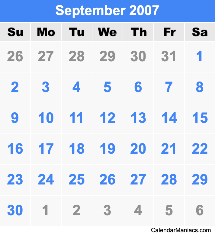 September 2007 Calendar September 2007 Calendar