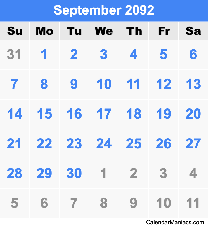 September 2092 Printable Calendar September 2092 Calendar